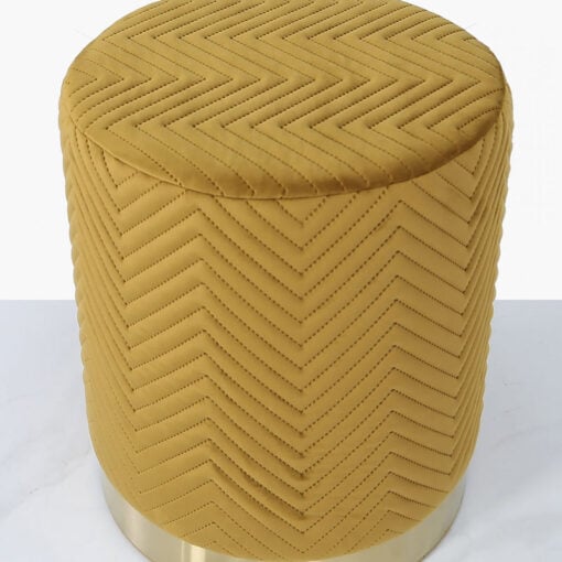 Mustard Yellow Patterned Velvet And Gold Metal Round Footstool Ottoman
