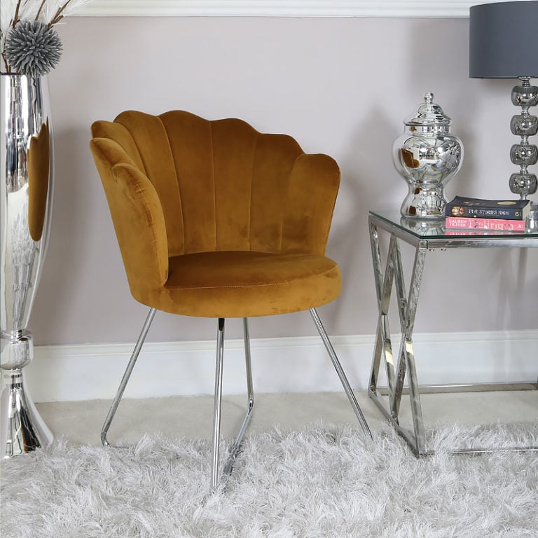 Mustard Yellow Velvet Shell Back Dining Chair With Chrome Legs 3 768x768 