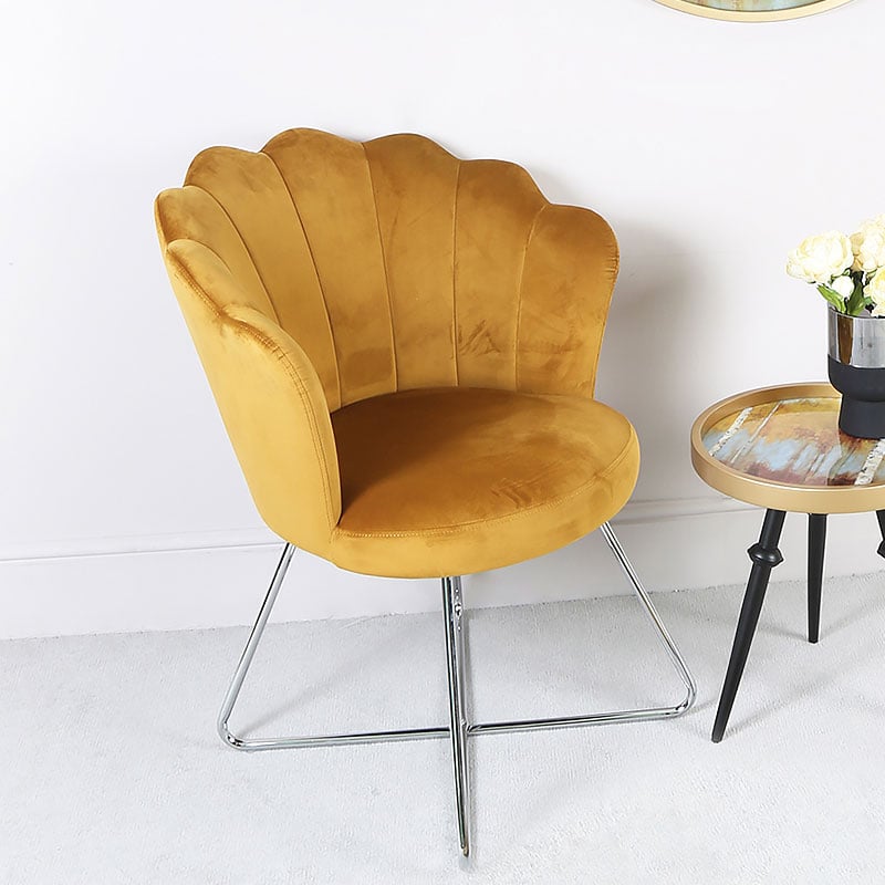 Mustard Yellow Velvet Shell Back Dining Chair With Chrome