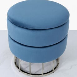 Prussian Blue Velvet And Stainless Steel Round Storage Ottoman Stool
