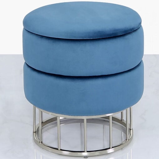 Prussian Blue Velvet And Stainless Steel Round Storage Ottoman Stool