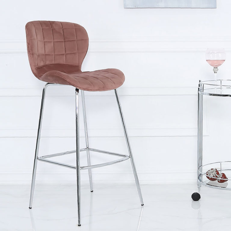 Set Of 2 Rose Pink Velvet And Chrome Curve Bar Kitchen Stools Picture Perfect Home
