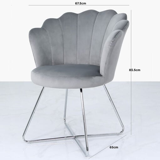 Silver Grey Velvet Shell Back Dining Chair Armchair With Chrome Legs