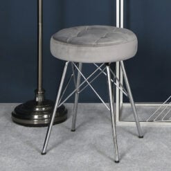 Silver Velvet Tufted Stool Footstool With Chrome Legs