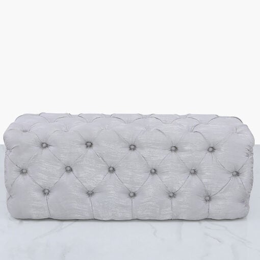 Soft Silver Fabric Deeply Padded Bench Ottoman With Tufted Buttons