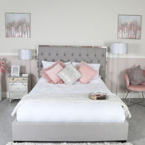 Grey Linen King Size Bed With A Chrome Frame And Linen Upholstery