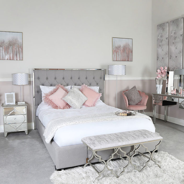 Grey Linen King Size Bed With A Chrome Frame And Linen Upholstery Picture Perfect Home