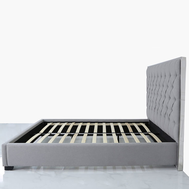 Grey Linen King Size Bed With A Chrome Frame And Linen Upholstery