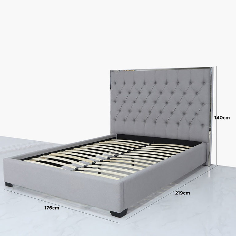 Grey Linen King Size Bed With A Chrome Frame And Linen Upholstery