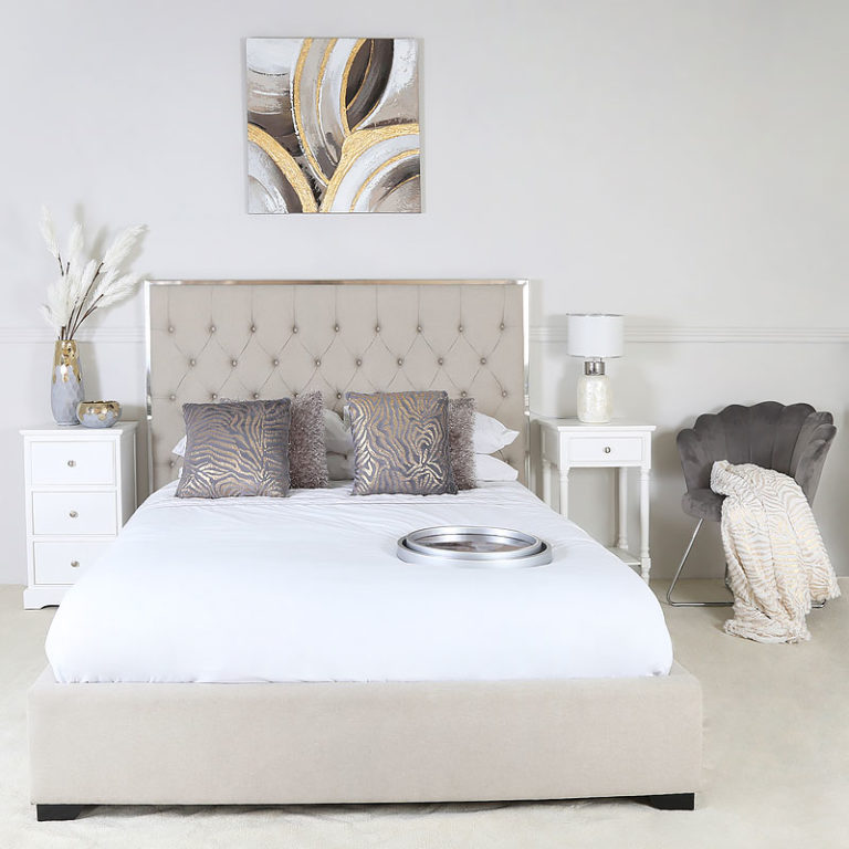 Natural Linen King Size Bed With A Chrome Frame And Linen Upholstery