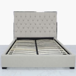 Natural Linen King Size Bed With A Chrome Frame And Linen Upholstery