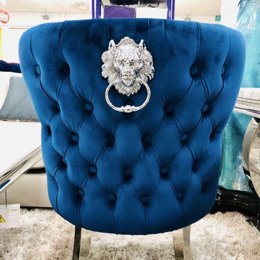 Diana Wide Blue Velvet And Chrome Dining Chair With Lion Ring Knocker