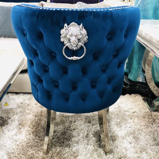 Diana Wide Blue Velvet And Chrome Dining Chair With Lion Ring Knocker