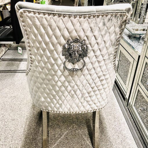 Camilla HQ Metallic Silver Velvet And Chrome Dining Chair With Lion Ring Knocker