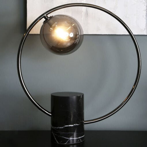 Black Marble Round Table Lamp With Smoked Glass Shade