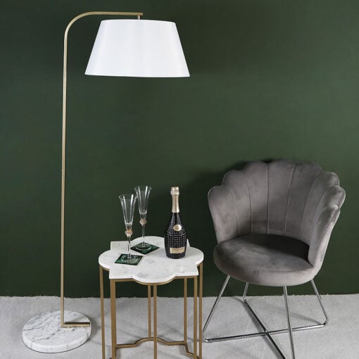 Arc Gold Metal Floor Lamp With A White Shade And A Marble Base 163cm