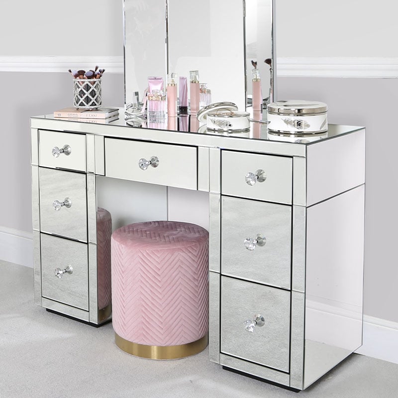Beverly 7 Drawer Silver Mirrored, Mirrored 7 Drawer Vanity Dressing Table In Silver