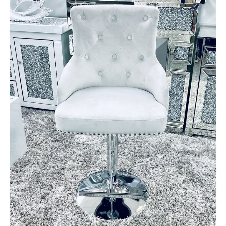 Camilla Silver Velvet And Chrome Bar Stool With A Lion Ring Knocker