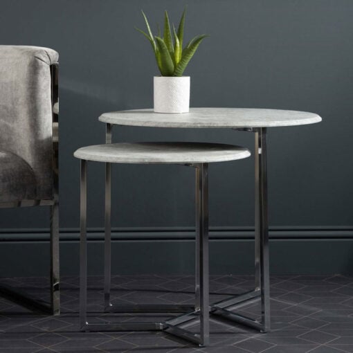Set Of 2 End Side Tables With Chrome Frames And Cement Print Tops