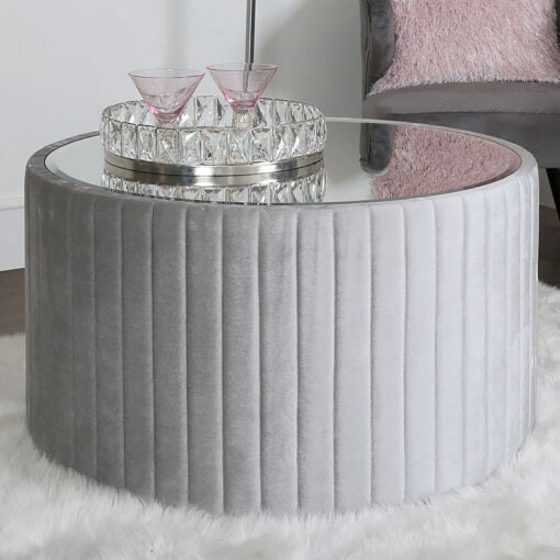 Silver Velvet Coffee Table With Mirrored Top
