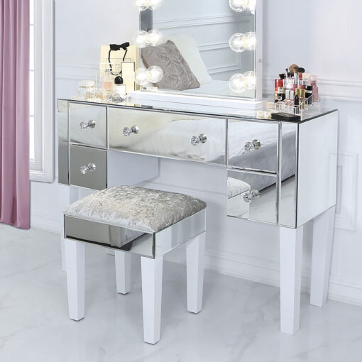 Victoria Mirrored 5 Drawer Dressing Table With White Gloss Legs