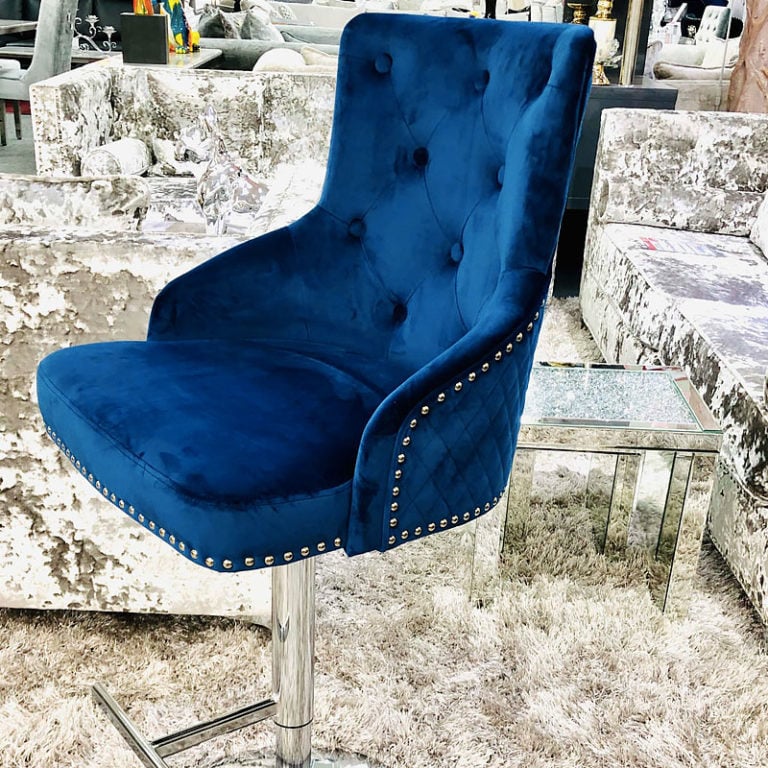 Camilla Navy Blue Velvet And Chrome Bar Stool With A Lion Ring Knocker