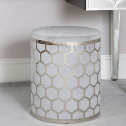 Grey Velvet Round Stool With Brushed Steel Silver Honeycomb Overlay