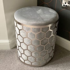 Grey Velvet Round Stool With Brushed Steel Silver Honeycomb Overlay