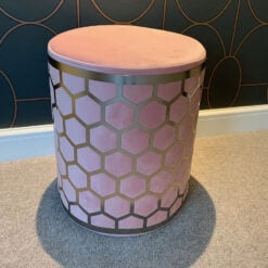 Pink Velvet Round Stool With Brushed Steel Silver Honeycomb Overlay