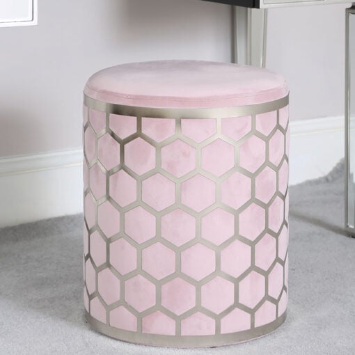 Pink Velvet Round Stool With Brushed Steel Silver Honeycomb Overlay