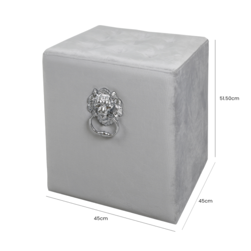 Grey Square Velvet Stool With Buttons And Lion Head Side Handle Rings