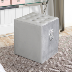Grey Square Velvet Stool With Buttons And Lion Head Side Handle Rings