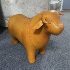 Genuine Vintage Handmade Tan Brown Leather Bull Animal Stool Footstool
