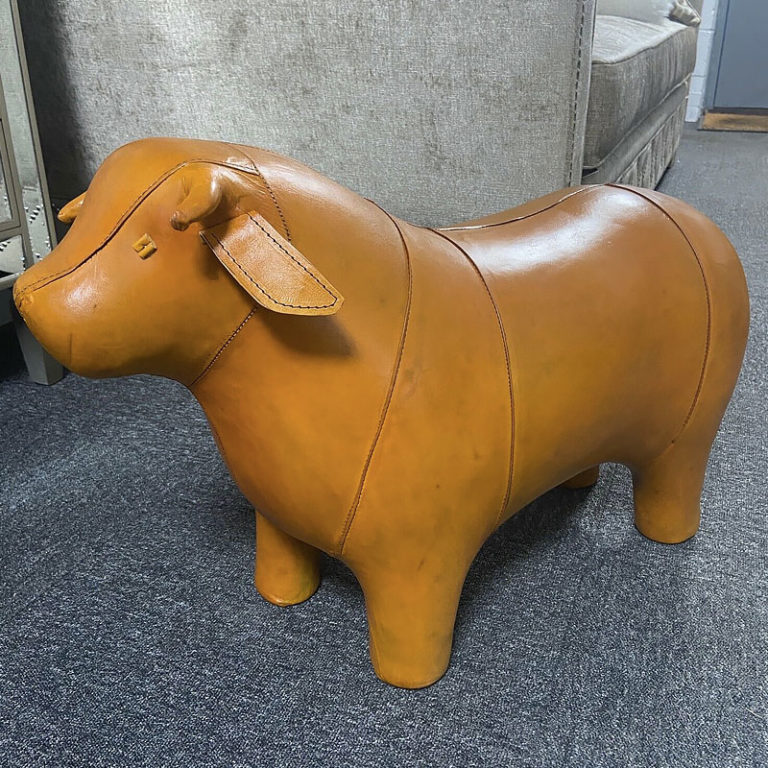 Genuine Vintage Handmade Tan Brown Leather Bull Animal Stool Footstool