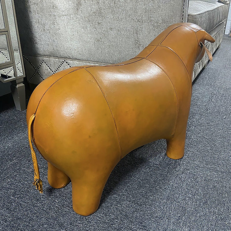 Genuine Vintage Handmade Tan Brown Leather Bull Animal Stool Footstool