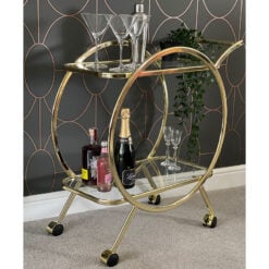 Bailey Drinks Trolley With Circular Gold Frame And Clear Glass Shelves