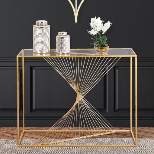 Ava Gold Metal And Clear Glass Console Table With Unique Design