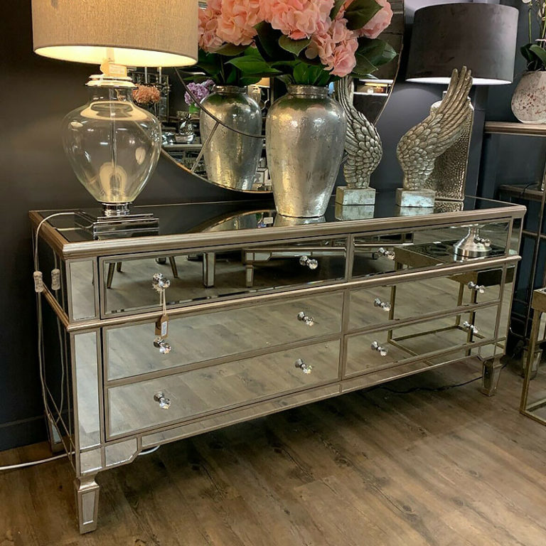 Belfry Antique Champagne Gold Mirrored Glass 6 Drawer Chest of Drawers