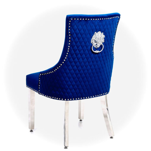 Camilla Blue Velvet And Chrome Dining Chair With Lion Ring Knocker