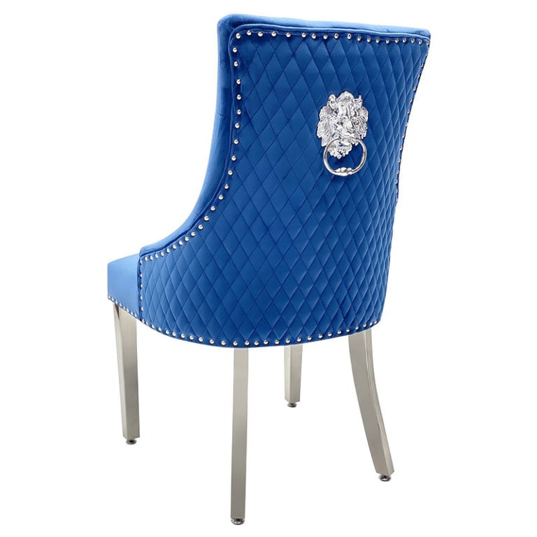 Set Of 2 Camilla Blue Velvet And Chrome Dining Chairs With Lion Ring Knocker Picture Perfect Home