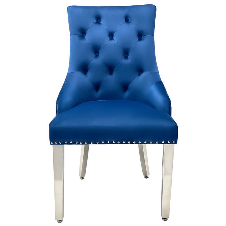 Set Of 2 Camilla Blue Velvet And Chrome Dining Chairs With Lion Ring 