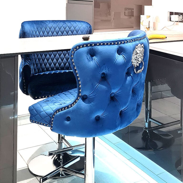 Diana Navy Blue Velvet And Chrome Tufted Bar Stool With Lion Knocker