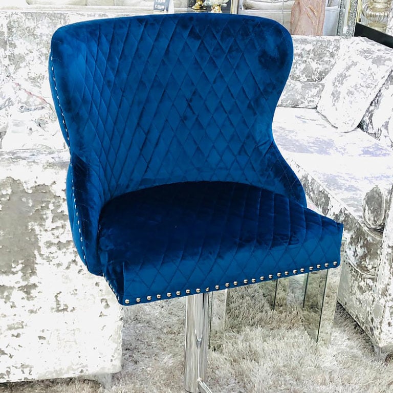 Diana Grey Velvet Upholstered Bar Stool Chrome Lion Knocker Tufted Back