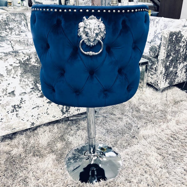 Diana Grey Velvet Upholstered Bar Stool Chrome Lion Knocker Tufted Back