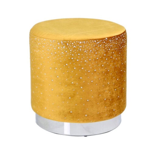 Mustard Yellow Round Stool With Velvet Fabric Adorned With Diamantes