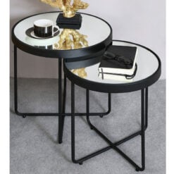 Nest Of 2 End Side Tables With Black Metal Frames And Mirrored Tops