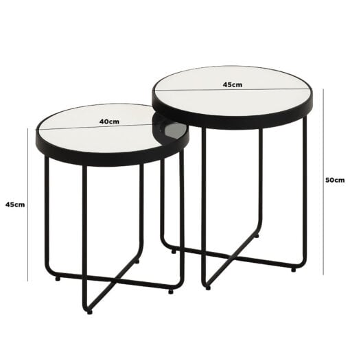 Nest Of 2 End Side Tables With Black Metal Frames And Mirrored Tops