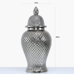 Silver Ceramic Ginger Jar Vase Home Decoration With Domed Lid 86cm