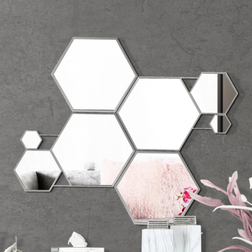 Silver Metal Hexagon Decorative Wall Mirror 100cm
