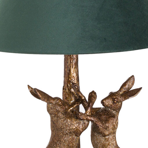 Antique Gold Marching Hares Bedside Lamp with Green Velvet Light Shade